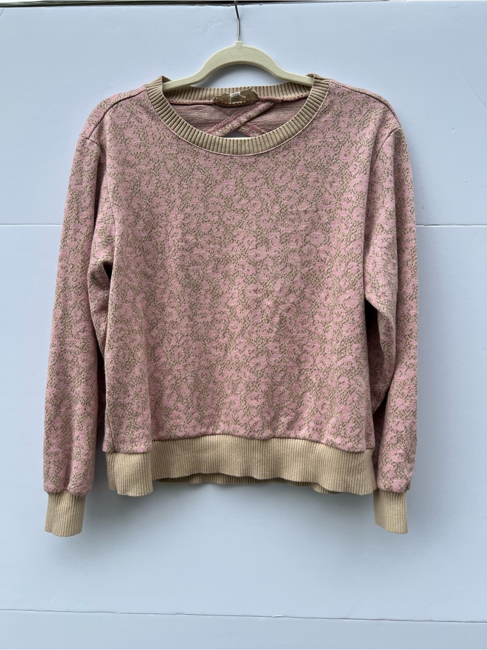 dolan Pink Patterned Crewneck Sweater with Beige Trim